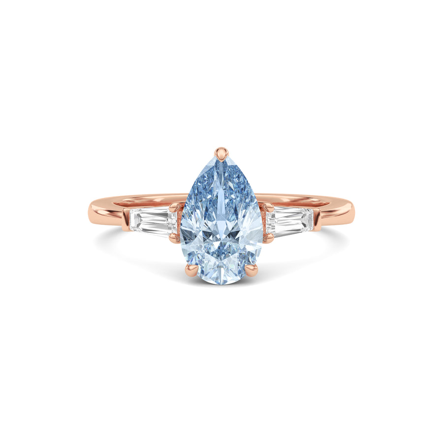 Rose gold Three-Stone Fancy Blue Pear Cut Diamond Ring with Tapered Baguette Side Stones