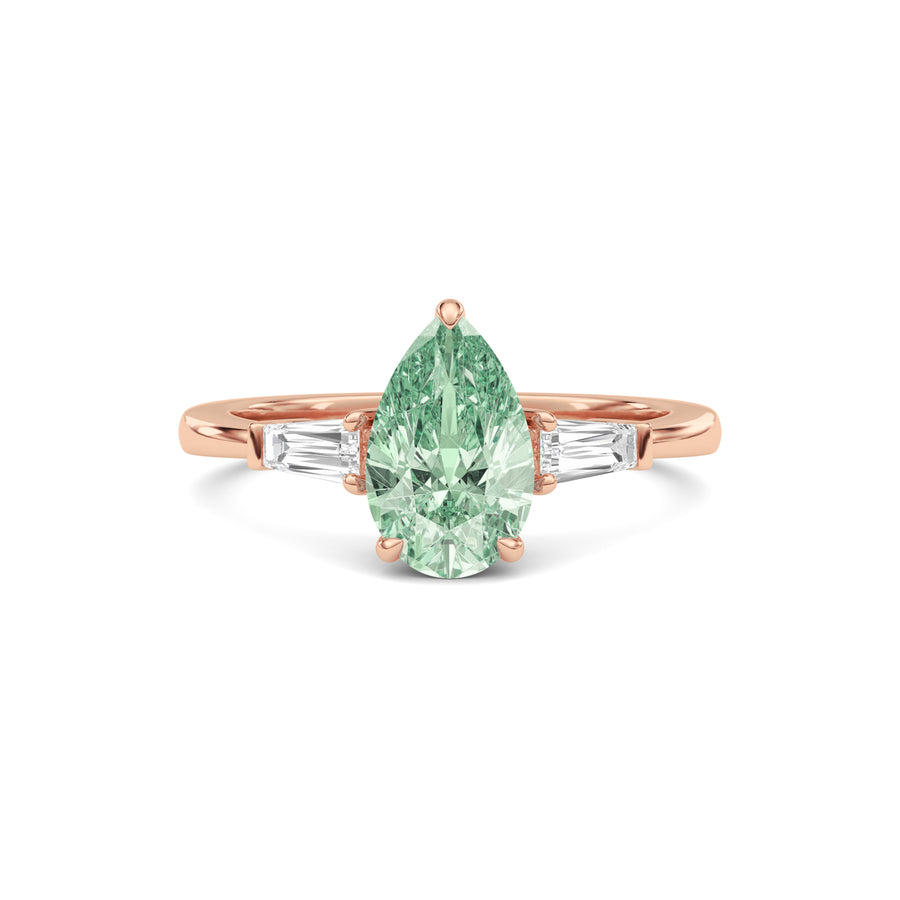 Rose gold Three-Stone Fancy Green Pear Cut Diamond Ring with Tapered Baguette Side Stones