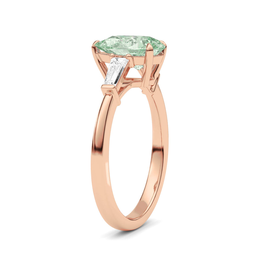 Rose gold Three-Stone Fancy Green Pear Cut Diamond Ring with Tapered Baguette Side Stones