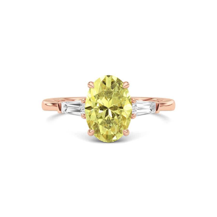 Rose gold Three-Stone Fancy Yellow Oval Cut Diamond Ring with Tapered Baguette Side Stones