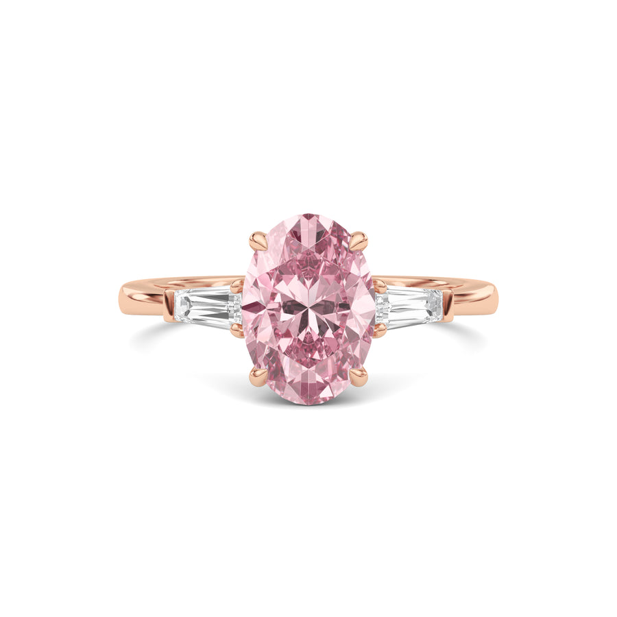 Rose gold Three-Stone Fancy Pink Oval Cut Diamond Ring with Tapered Baguette Side Stones