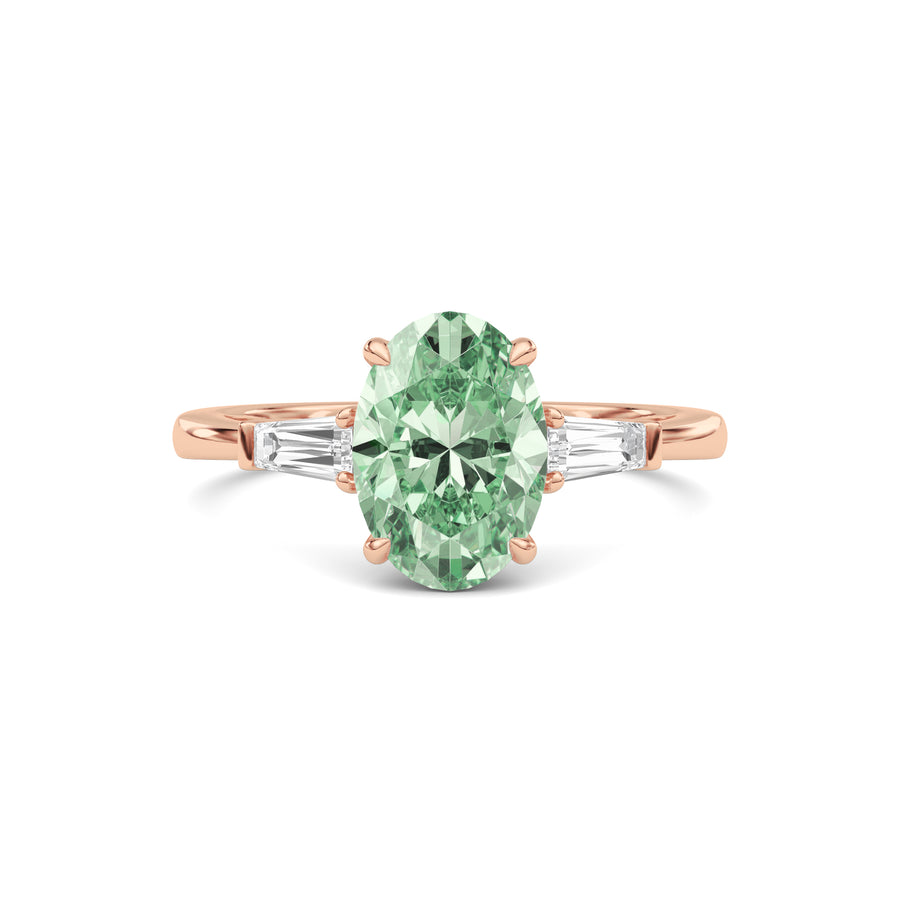 Rose gold Three-Stone Fancy Green Oval Cut Diamond Ring with Tapered Baguette Side Stones