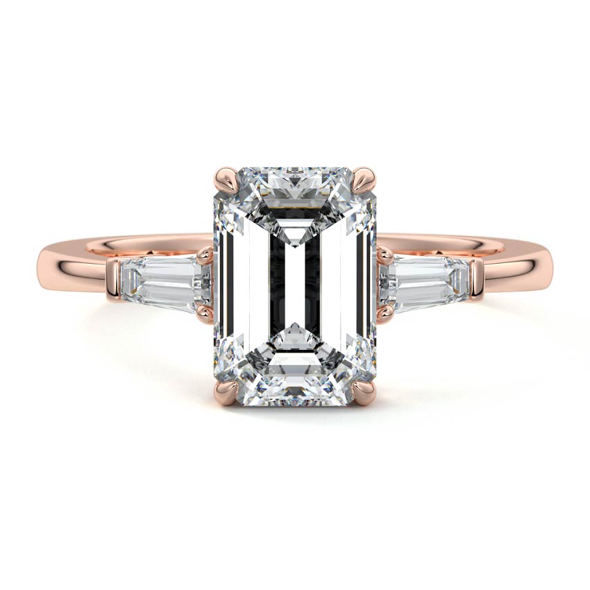 Rose gold Three-Stone Emerald Diamond Ring with Tapered Baguette Side Stones