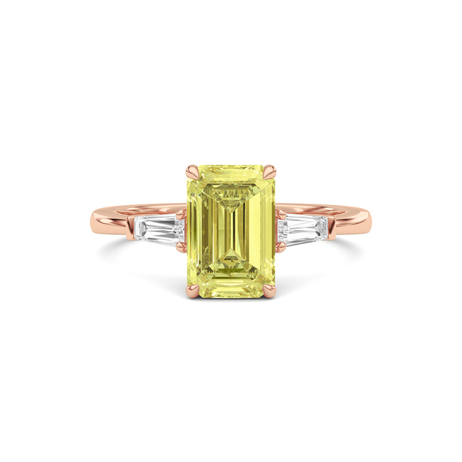 Rose gold Three-Stone Fancy Yellow Emerald Cut Diamond Ring with Tapered Baguette Side Stones