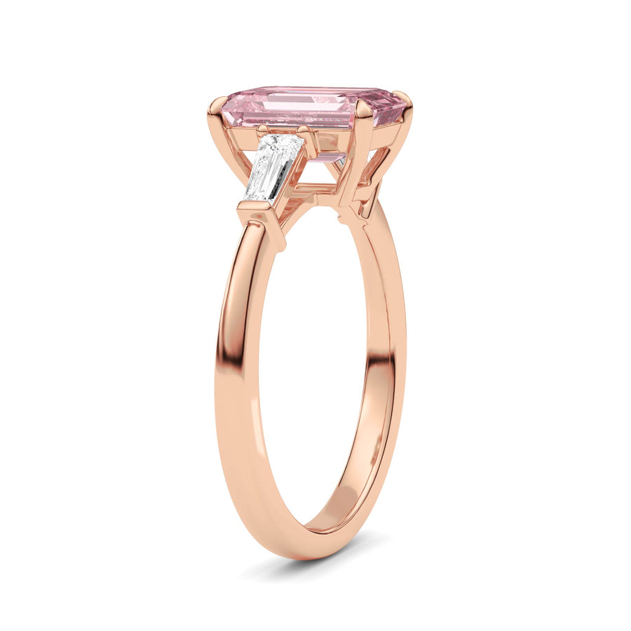 Rose gold Three-Stone Fancy Pink Emerald Cut Diamond Ring with Tapered Baguette Side Stones