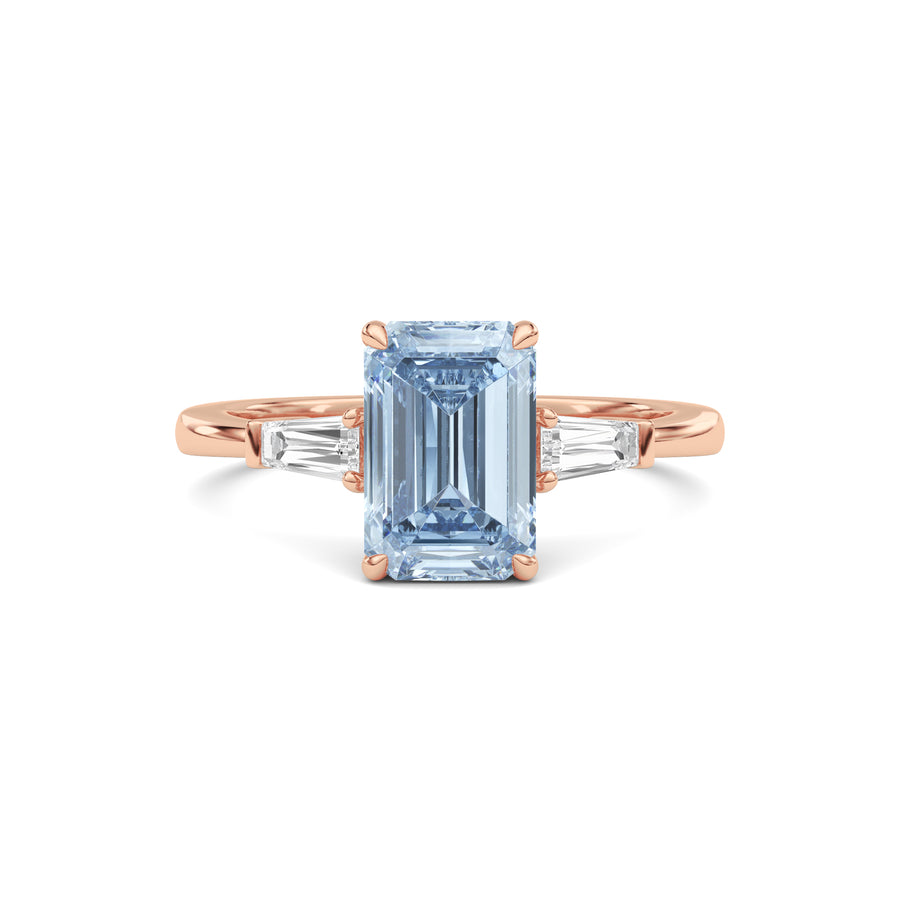 Rose gold Three-Stone Fancy Blue Emerald Cut Diamond Ring with Tapered Baguette Side Stones