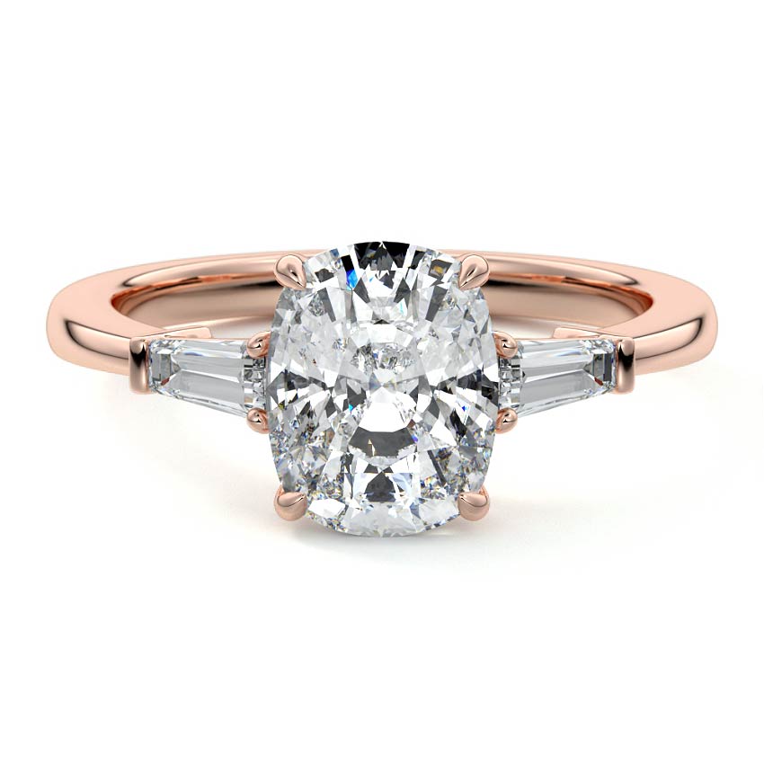 Rose gold Three-Stone Cushion Diamond Ring with Tapered Baguette Side Stones