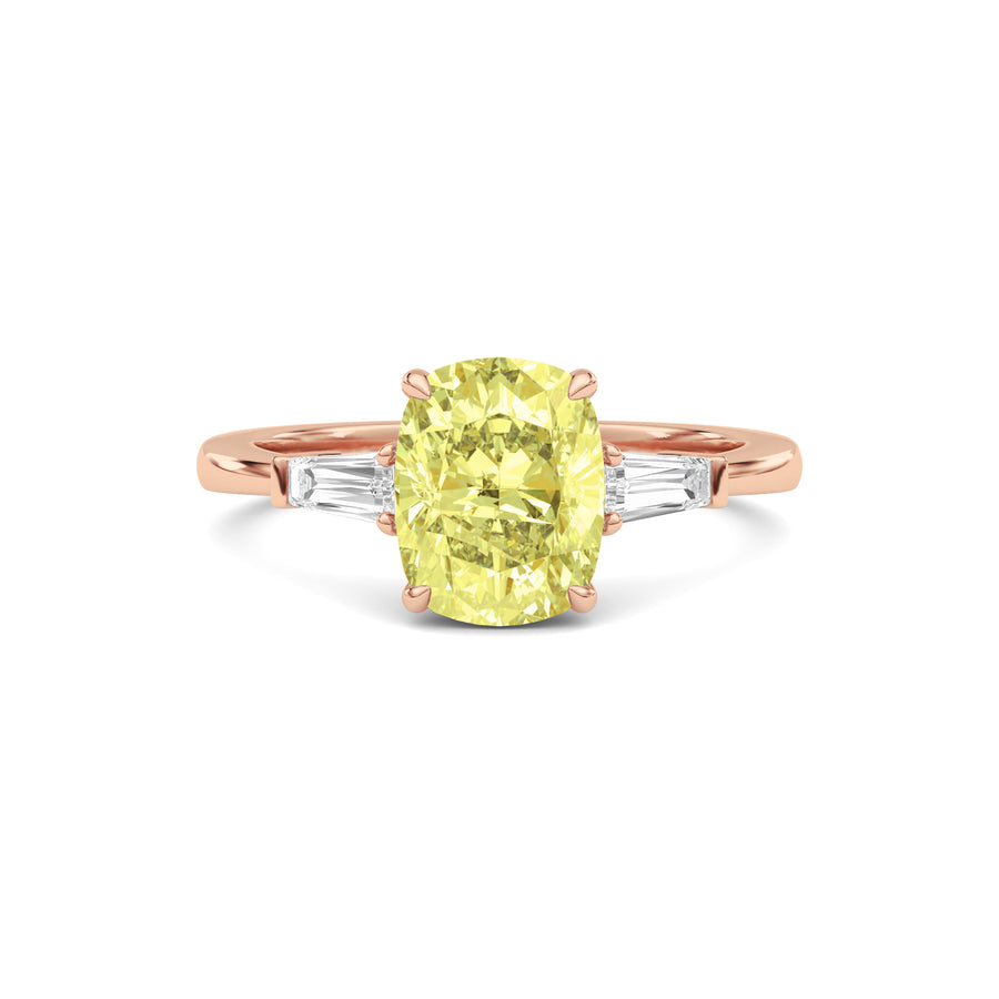 Rose gold Three-Stone Fancy Yellow Cushion Cut Diamond Ring with Tapered Baguette Side Stones