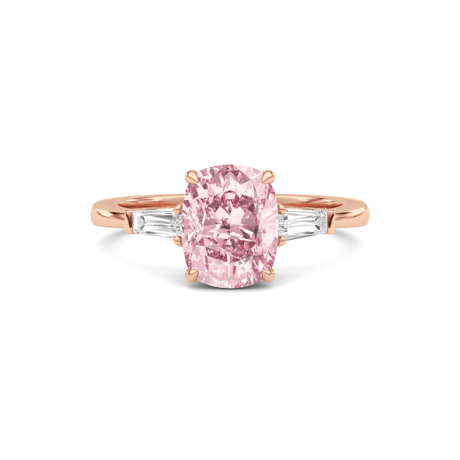 Rose gold Three-Stone Fancy Pink Cushion Cut Diamond Ring with Tapered Baguette Side Stones