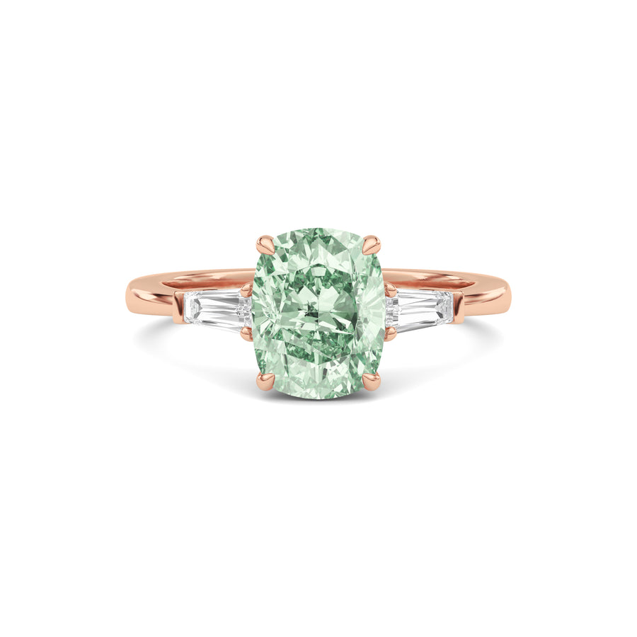 Rose gold Three-Stone Fancy Green Cushion Cut Diamond Ring with Tapered Baguette Side Stones