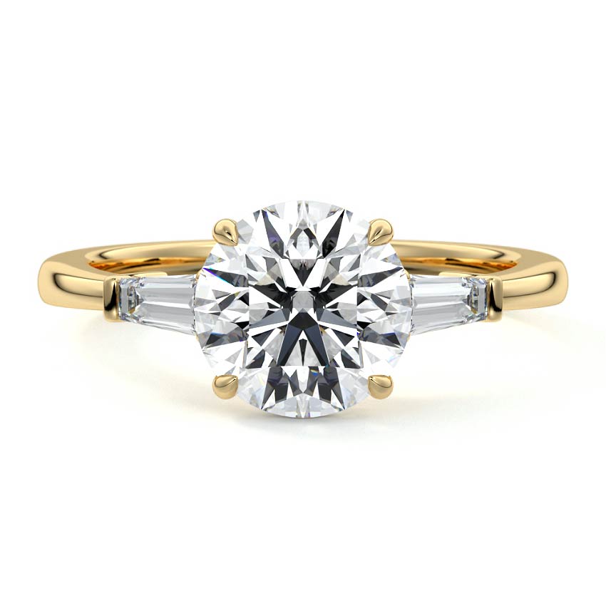 Yellow gold Three-Stone Round Diamond Ring with Tapered Baguette Side Stones