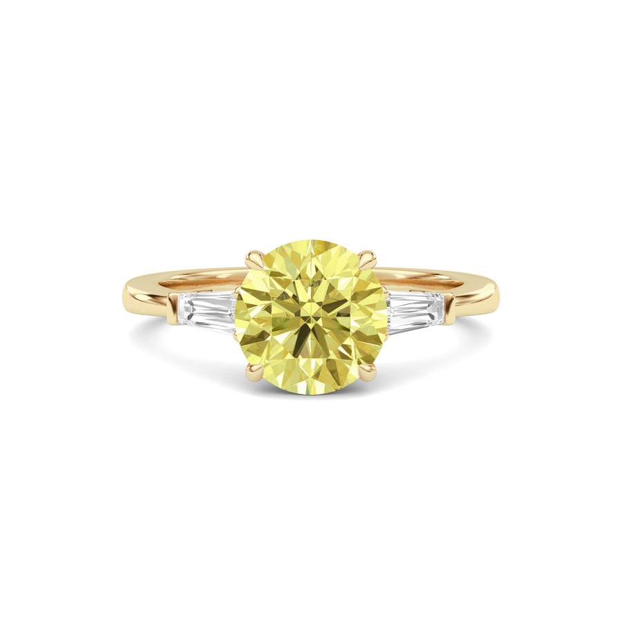 Yellow gold Three-Stone Fancy Yellow Round Cut Diamond Ring with Tapered Baguette Side Stones