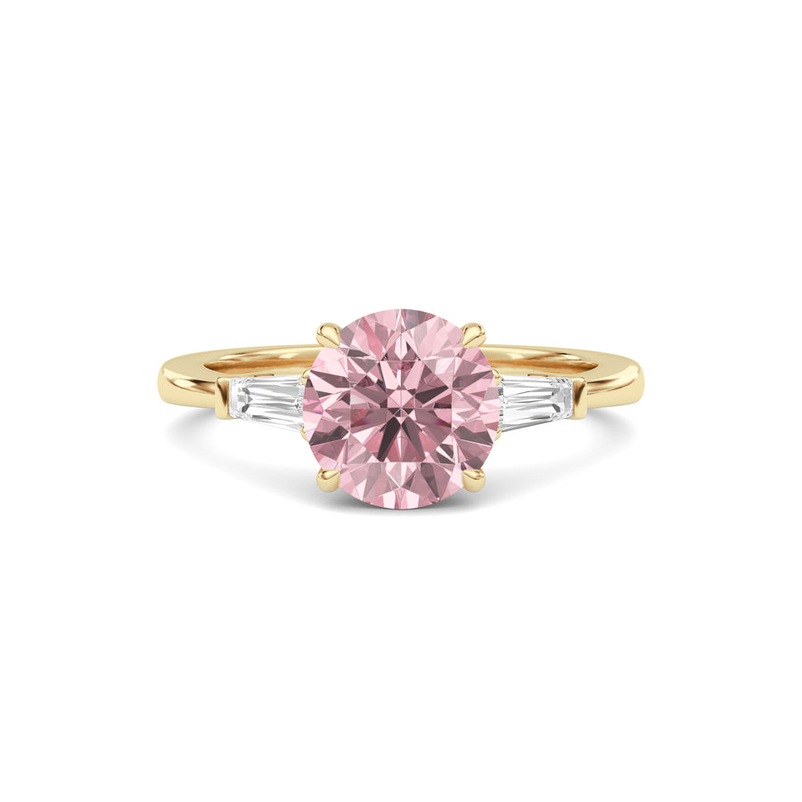 Yellow gold Three-Stone Fancy Pink Round Cut Diamond Ring with Tapered Baguette Side Stones