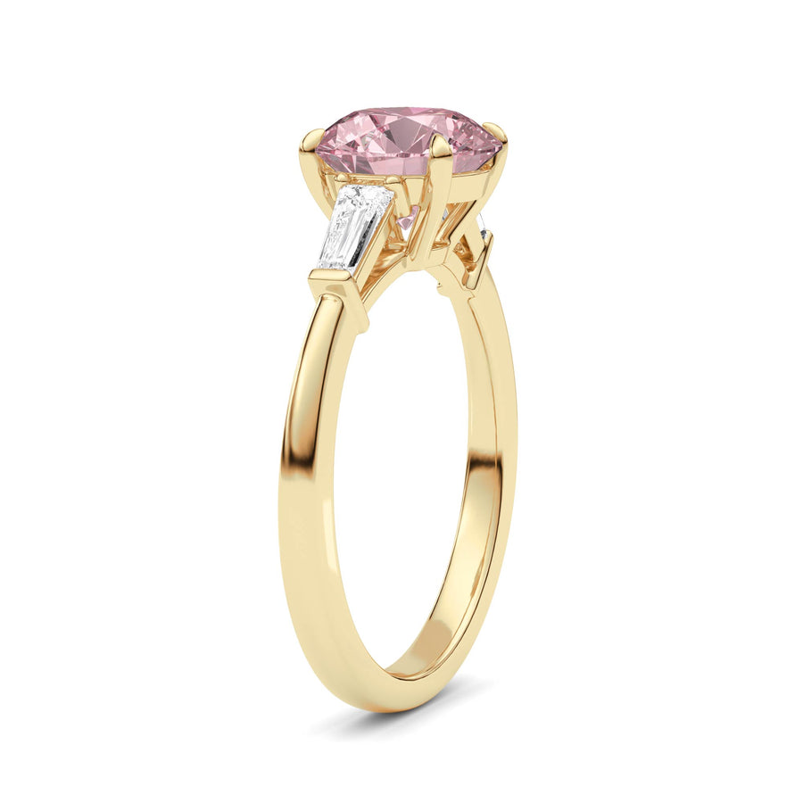 Yellow gold Three-Stone Fancy Pink Round Cut Diamond Ring with Tapered Baguette Side Stones
