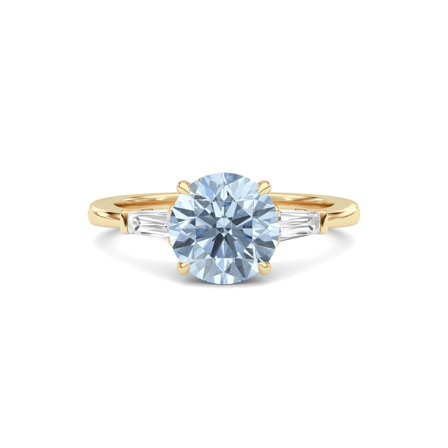 Yellow gold Three-Stone Fancy Blue Round Cut Diamond Ring with Tapered Baguette Side Stones