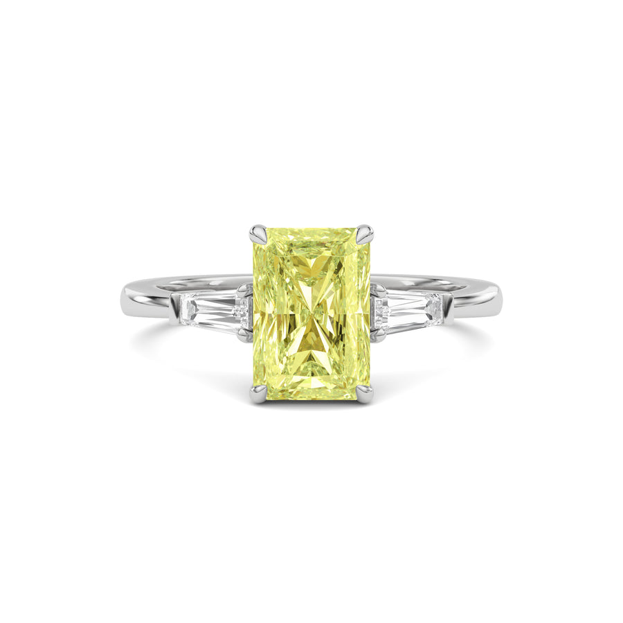 Yellow gold Three-Stone Fancy Yellow Radiant Cut Diamond Ring with Tapered Baguette Side Stones