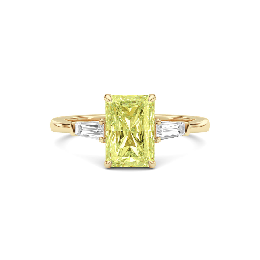 Yellow gold Three-Stone Fancy Yellow Radiant Cut Diamond Ring with Tapered Baguette Side Stones