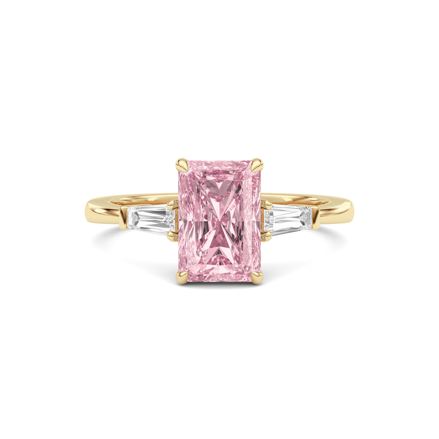 Yellow gold Three-Stone Fancy Pink Radiant Cut Diamond Ring with Tapered Baguette Side Stones