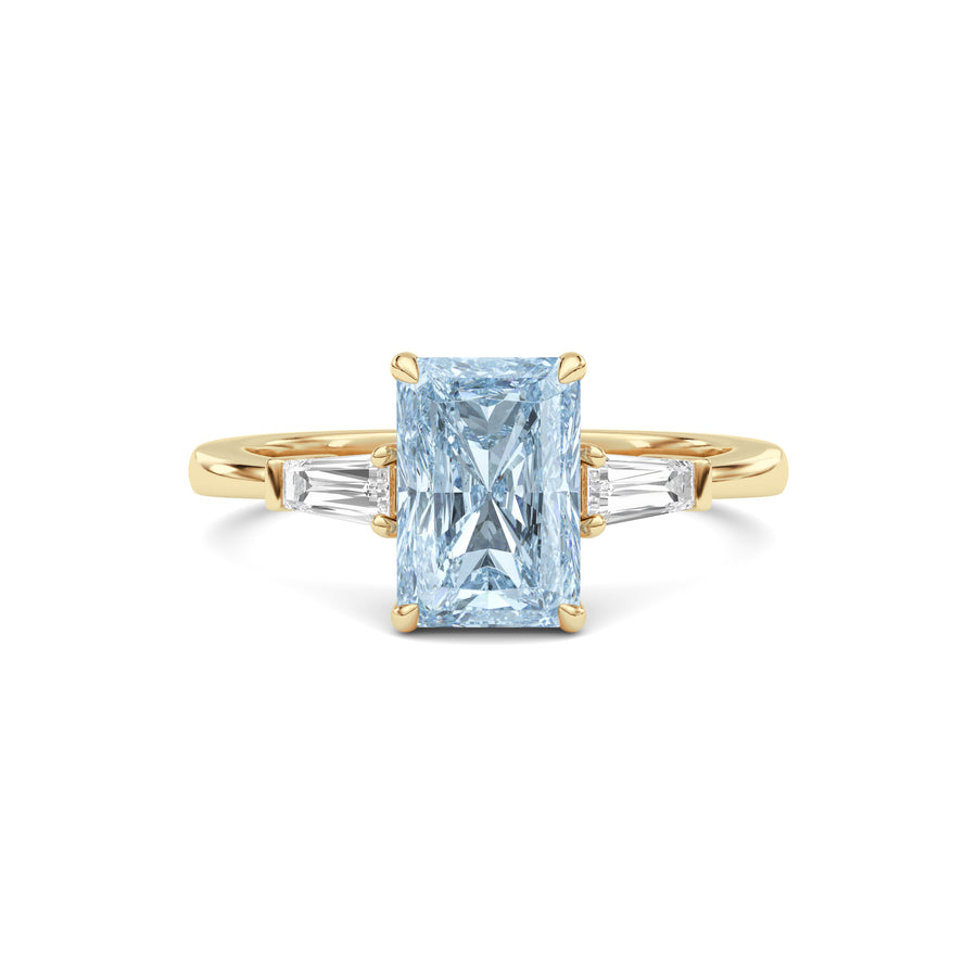 Yellow gold Three-Stone Fancy Blue Radiant Cut Diamond Ring with Tapered Baguette Side Stones