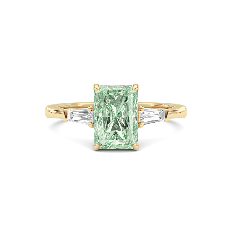 Yellow gold Three-Stone Fancy Green Radiant Cut Diamond Ring with Tapered Baguette Side Stones