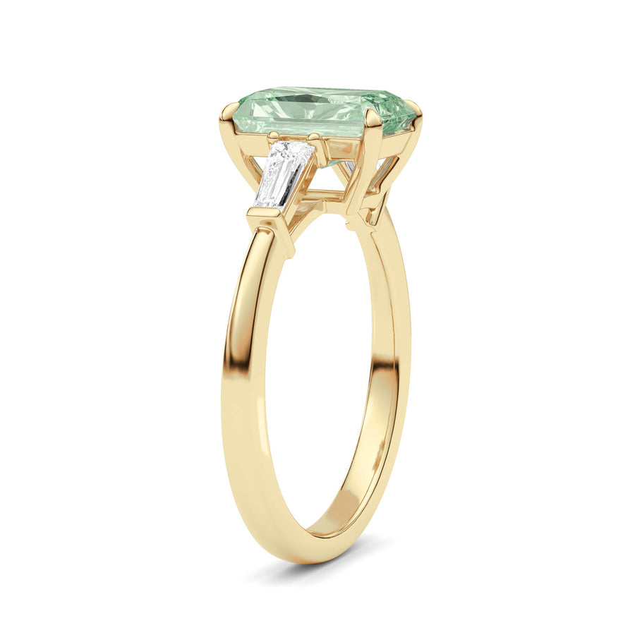 Yellow gold Three-Stone Fancy Green Radiant Cut Diamond Ring with Tapered Baguette Side Stones