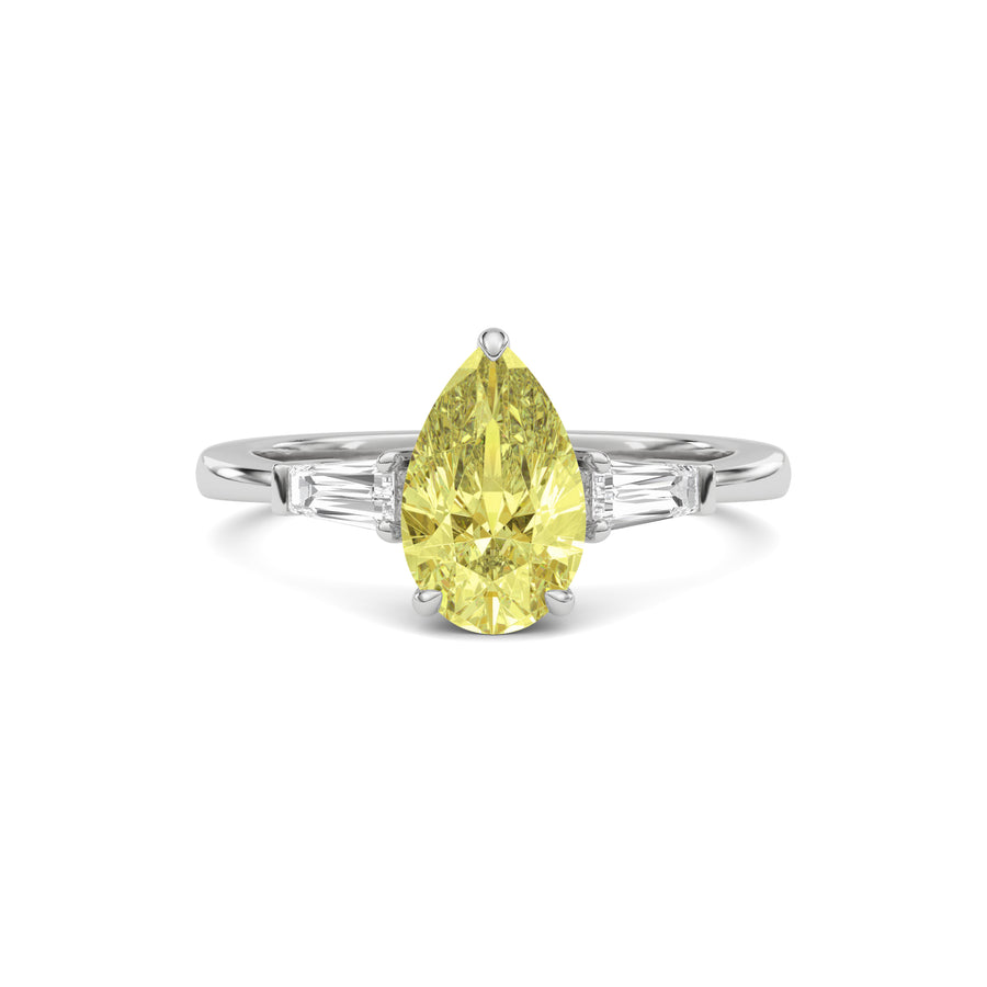 Yellow gold Three-Stone Fancy Yellow Pear Cut Diamond Ring with Tapered Baguette Side Stones