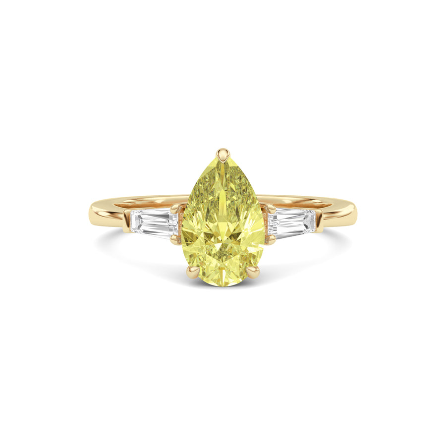 Yellow gold Three-Stone Fancy Yellow Pear Cut Diamond Ring with Tapered Baguette Side Stones