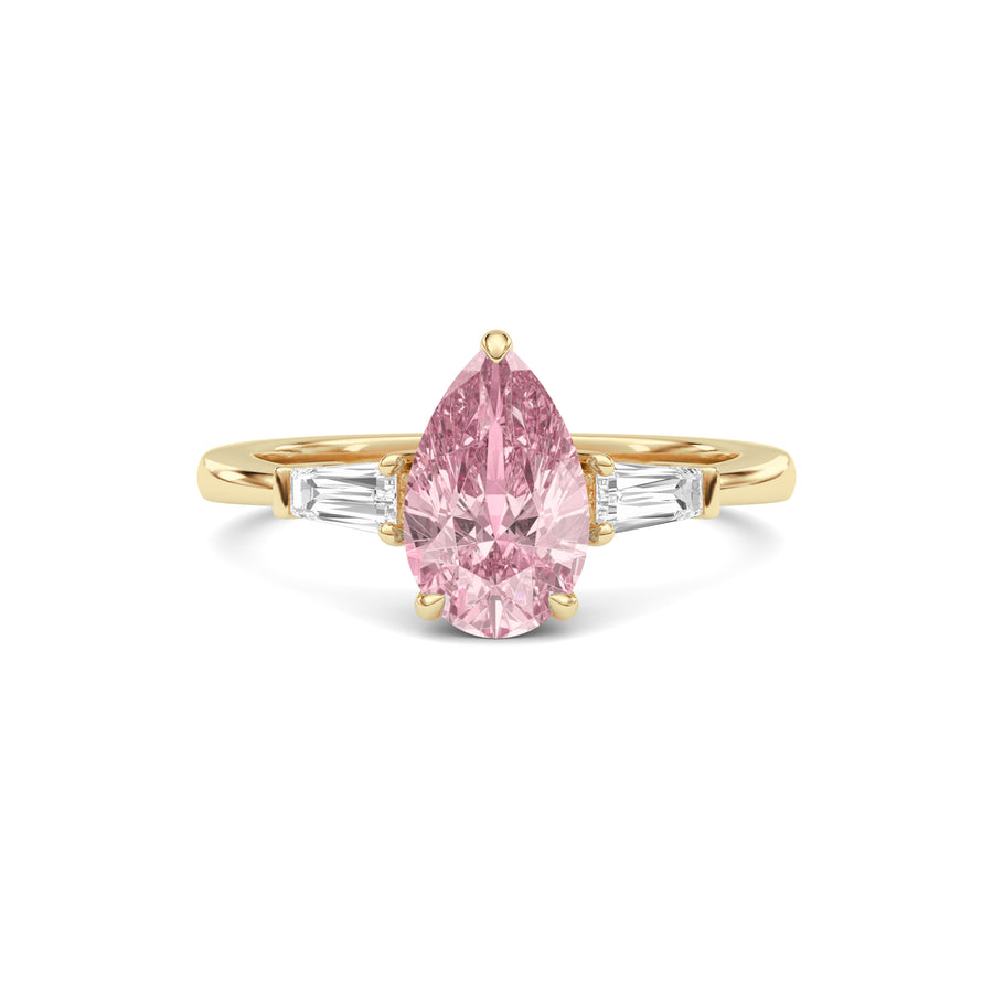 Yellow gold Three-Stone Fancy Pink Pear Cut Diamond Ring with Tapered Baguette Side Stones