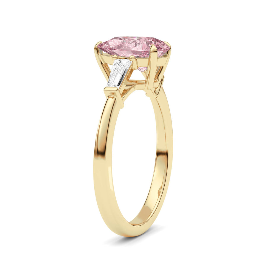 Yellow gold Three-Stone Fancy Pink Pear Cut Diamond Ring with Tapered Baguette Side Stones