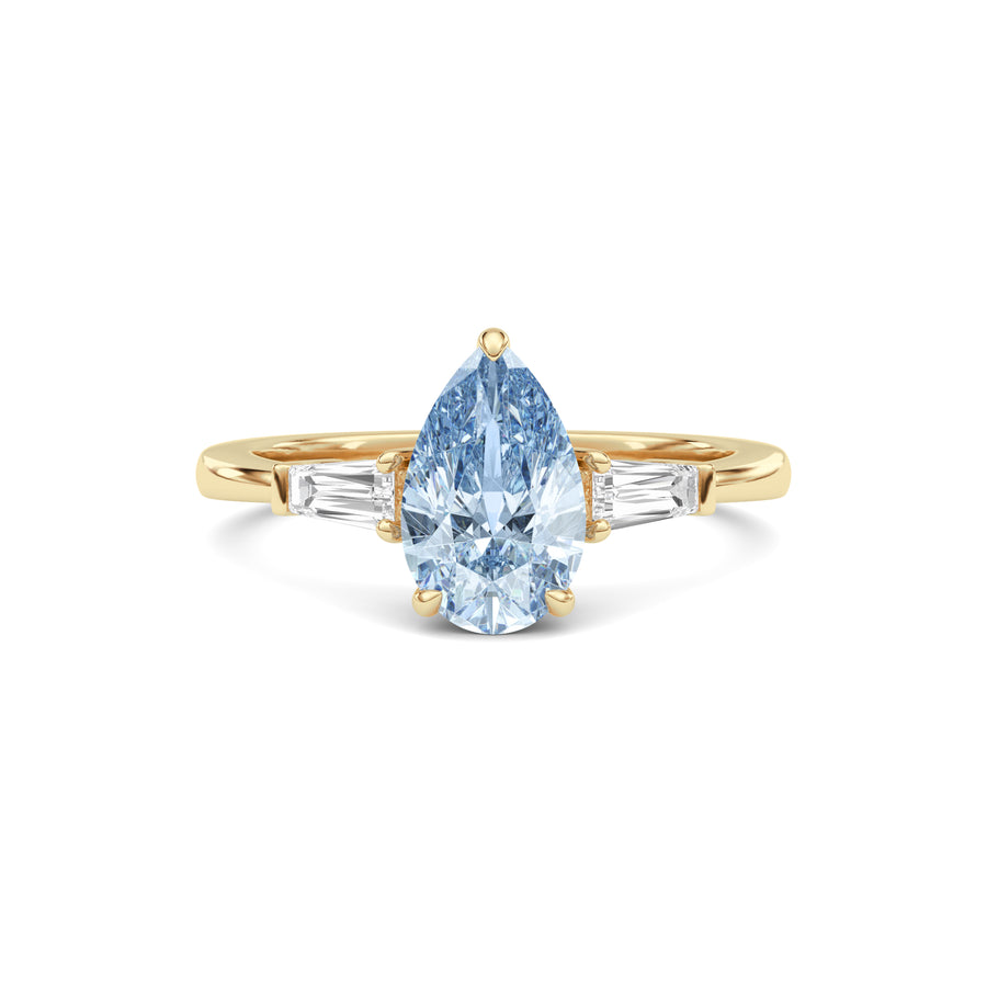 Yellow gold Three-Stone Fancy Blue Pear Cut Diamond Ring with Tapered Baguette Side Stones