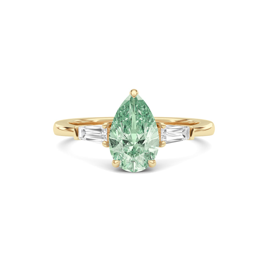 Yellow gold Three-Stone Fancy Green Pear Cut Diamond Ring with Tapered Baguette Side Stones