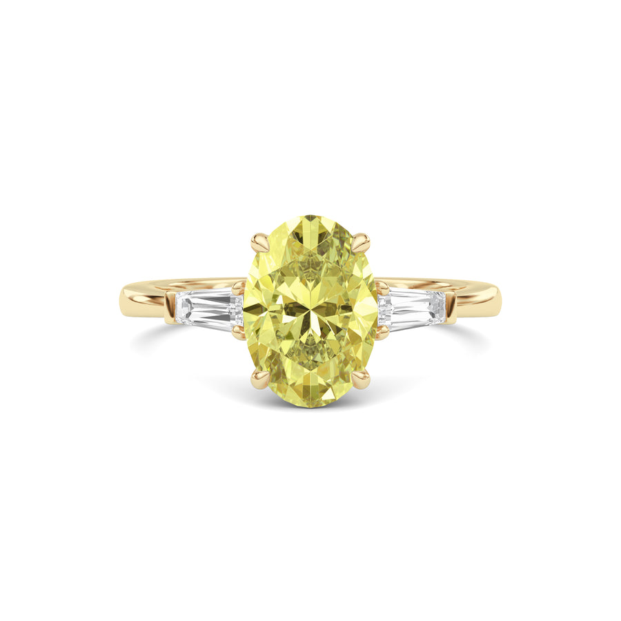 Yellow gold Three-Stone Fancy Yellow Oval Cut Diamond Ring with Tapered Baguette Side Stones