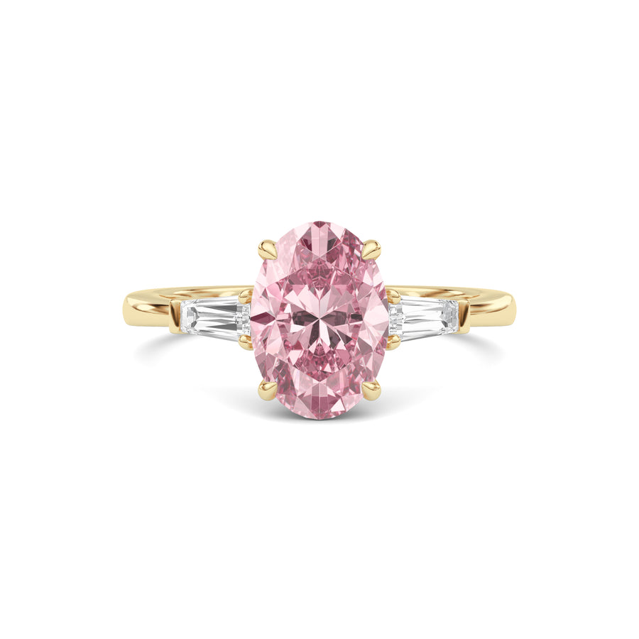 Yellow gold Three-Stone Fancy Pink Oval Cut Diamond Ring with Tapered Baguette Side Stones