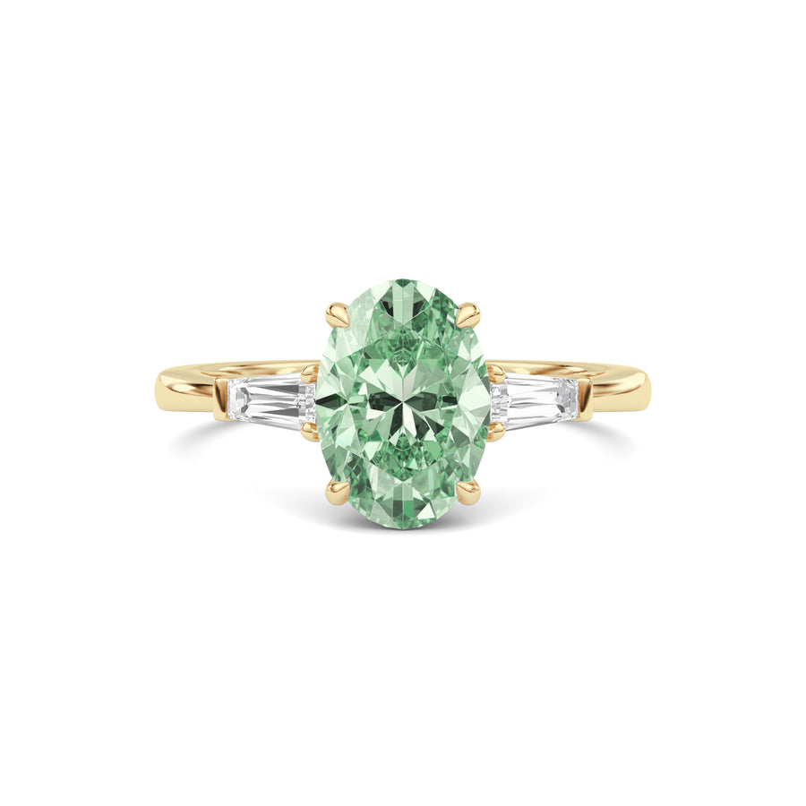 Yellow gold Three-Stone Fancy Green Oval Cut Diamond Ring with Tapered Baguette Side Stones