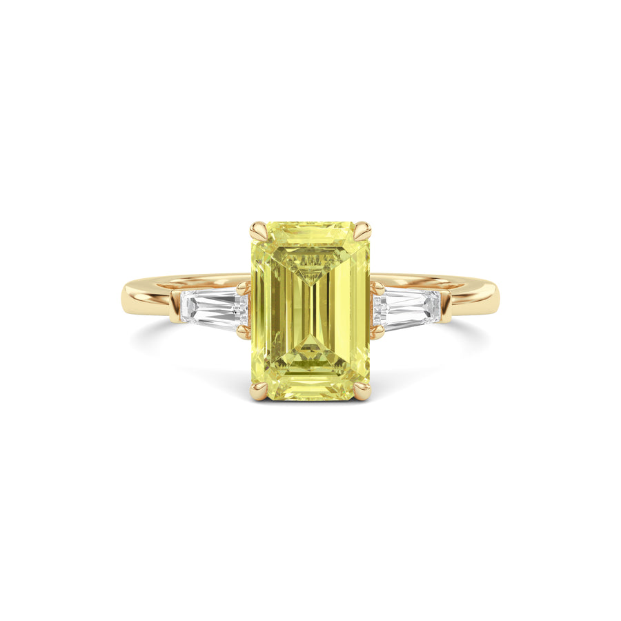 Yellow gold Three-Stone Fancy Yellow Emerald Cut Diamond Ring with Tapered Baguette Side Stones