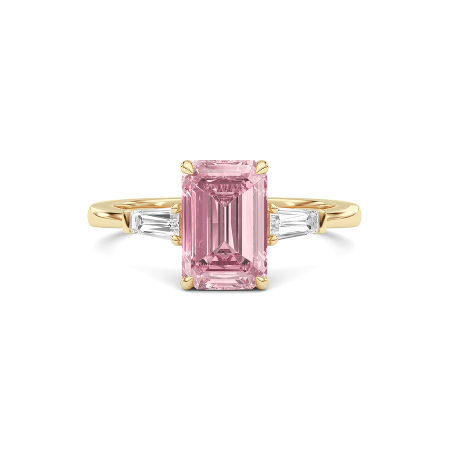 Yellow gold Three-Stone Fancy Pink Emerald Cut Diamond Ring with Tapered Baguette Side Stones