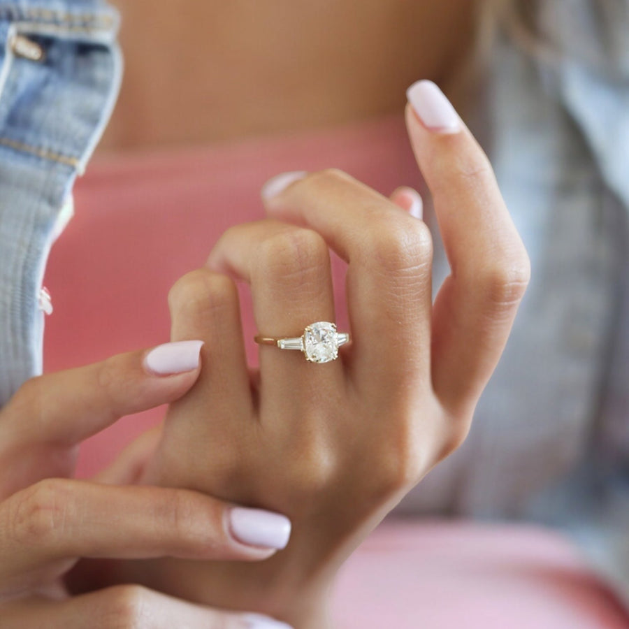 Yellow gold Three-Stone Cushion Diamond Ring with Tapered Baguette Side Stones