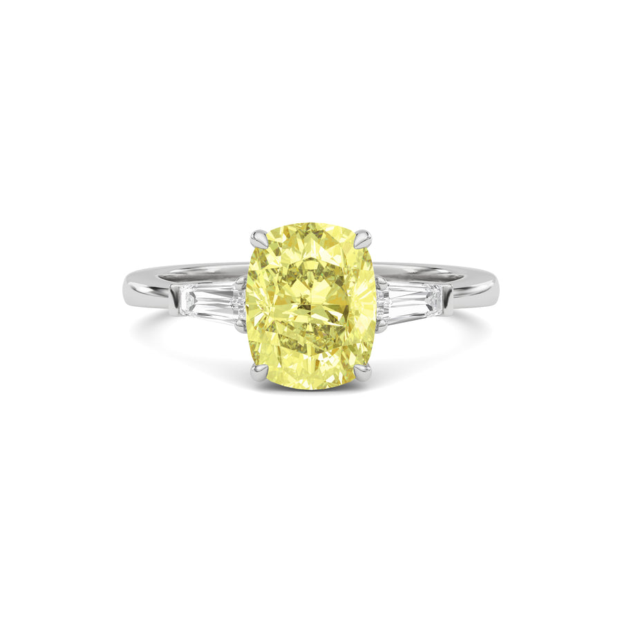Yellow gold Three-Stone Fancy Yellow Cushion Cut Diamond Ring with Tapered Baguette Side Stones