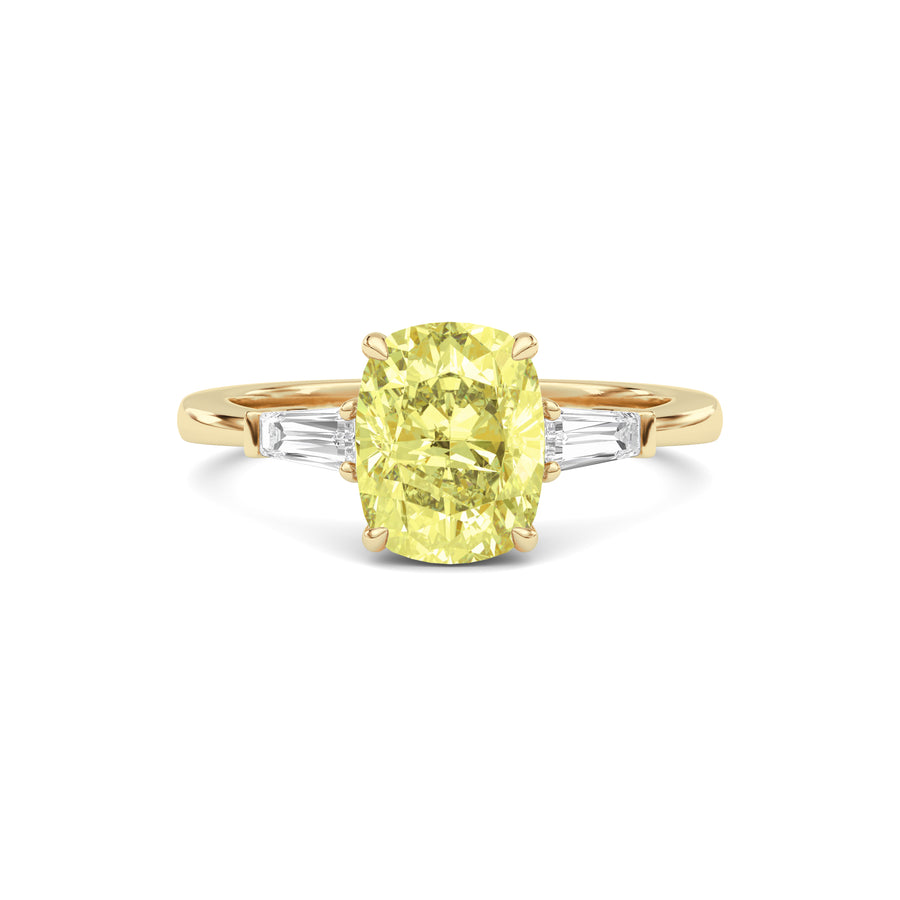Yellow gold Three-Stone Fancy Yellow Cushion Cut Diamond Ring with Tapered Baguette Side Stones