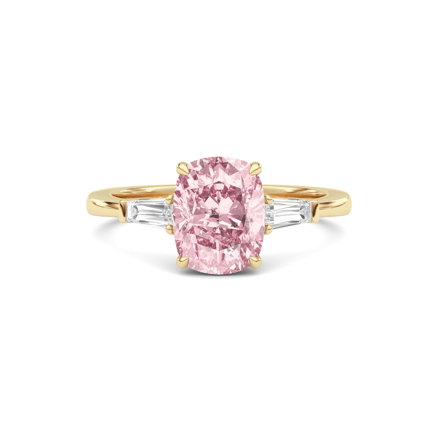Yellow gold Three-Stone Fancy Pink Cushion Cut Diamond Ring with Tapered Baguette Side Stones