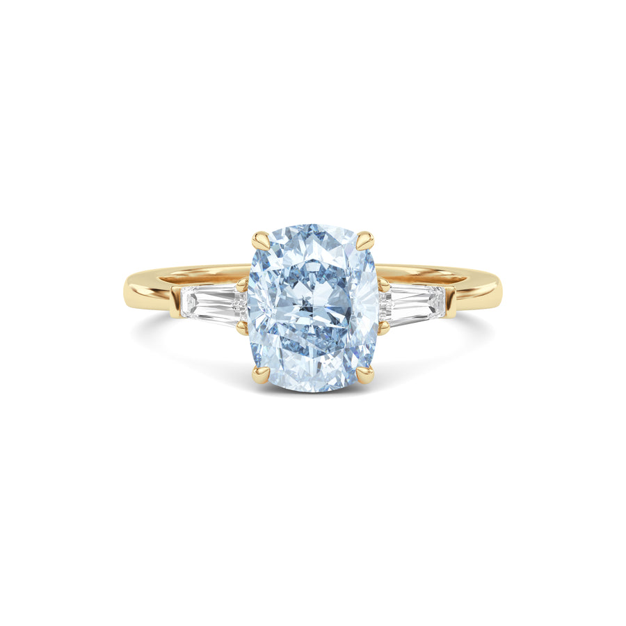 Yellow gold Three-Stone Fancy Blue Cushion Cut Diamond Ring with Tapered Baguette Side Stones