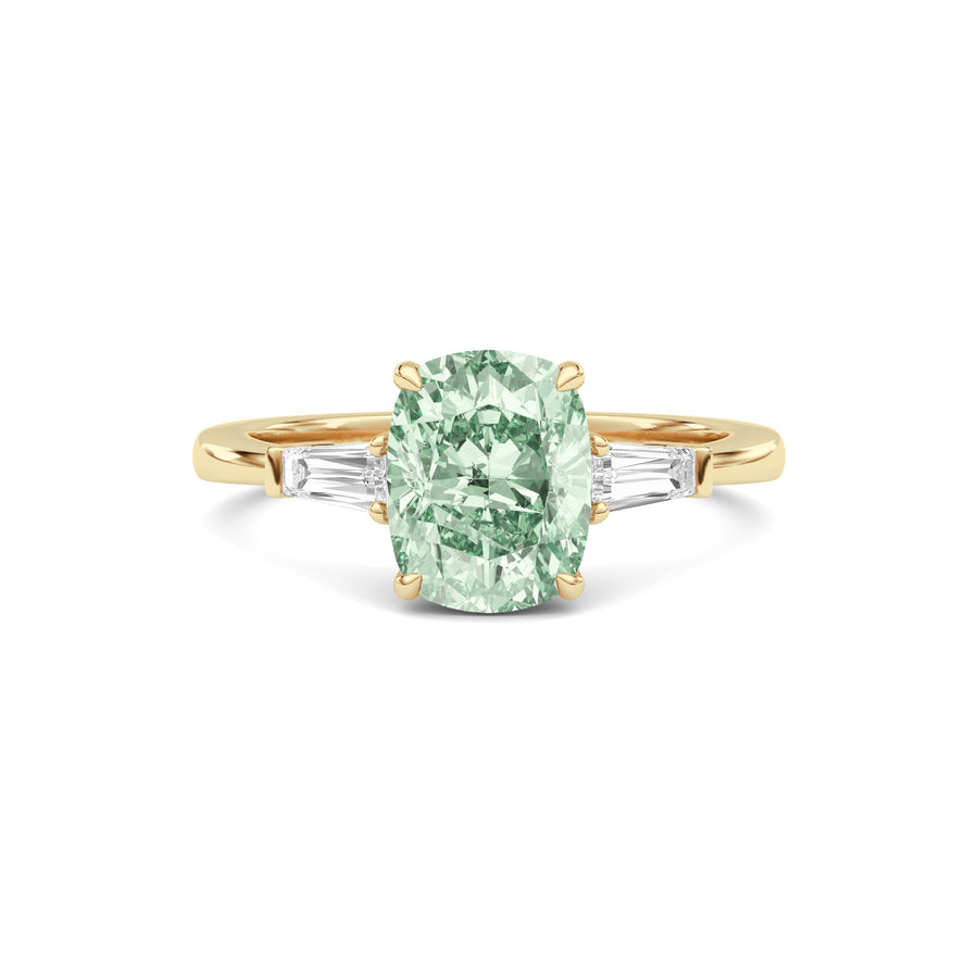 Yellow gold Three-Stone Fancy Green Cushion Cut Diamond Ring with Tapered Baguette Side Stones