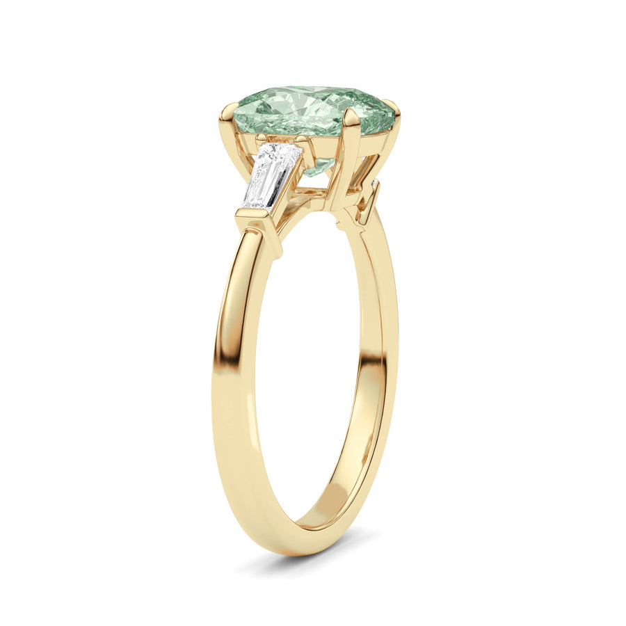 Yellow gold Three-Stone Fancy Green Cushion Cut Diamond Ring with Tapered Baguette Side Stones