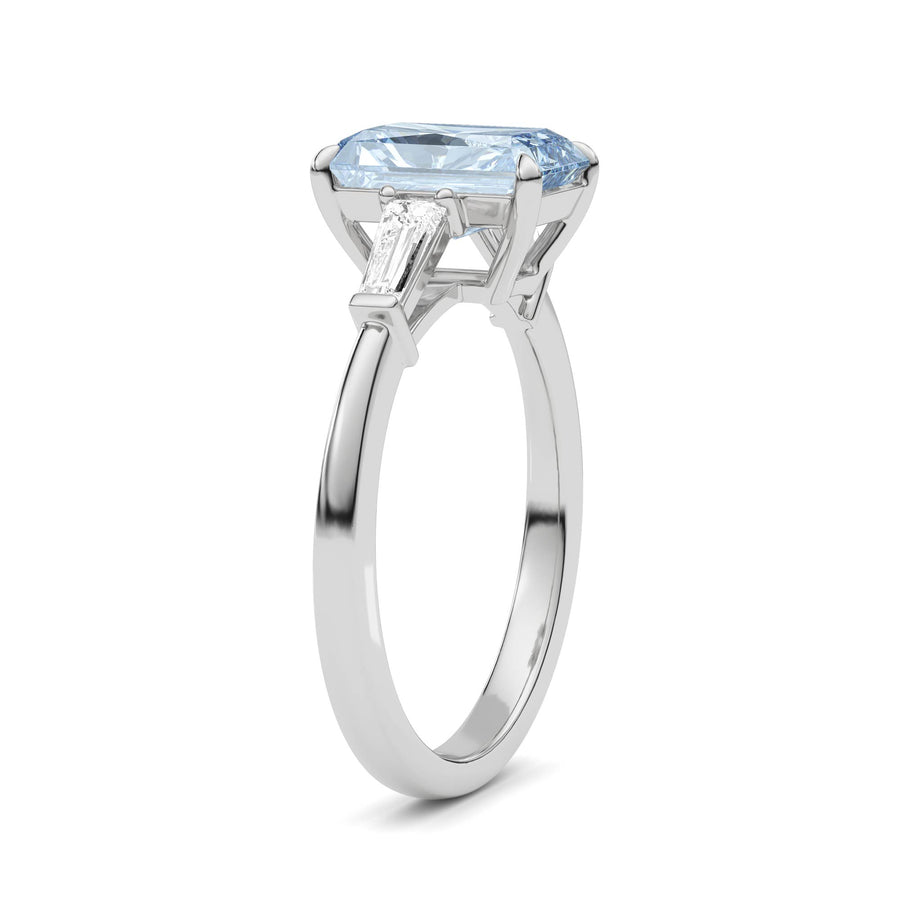 White gold Three-Stone Fancy Blue Radiant Cut Diamond Ring with Tapered Baguette Side Stones