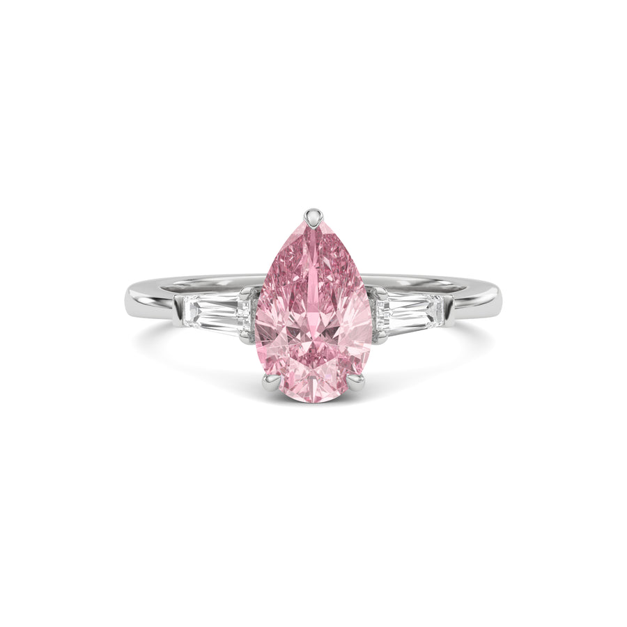 White gold Three-Stone Fancy Pink Pear Cut Diamond Ring with Tapered Baguette Side Stones
