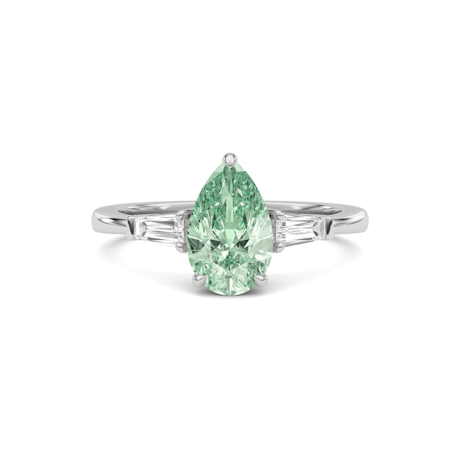 White gold Three-Stone Fancy Green Pear Cut Diamond Ring with Tapered Baguette Side Stones