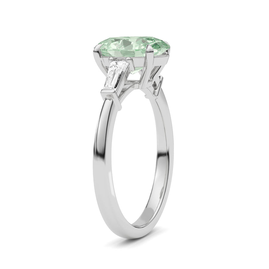 White gold Three-Stone Fancy Green Oval Cut Diamond Ring with Tapered Baguette Side Stones