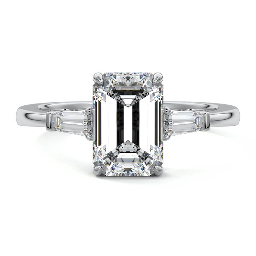 White gold Three-Stone Emerald Diamond Ring with Tapered Baguette Side Stones