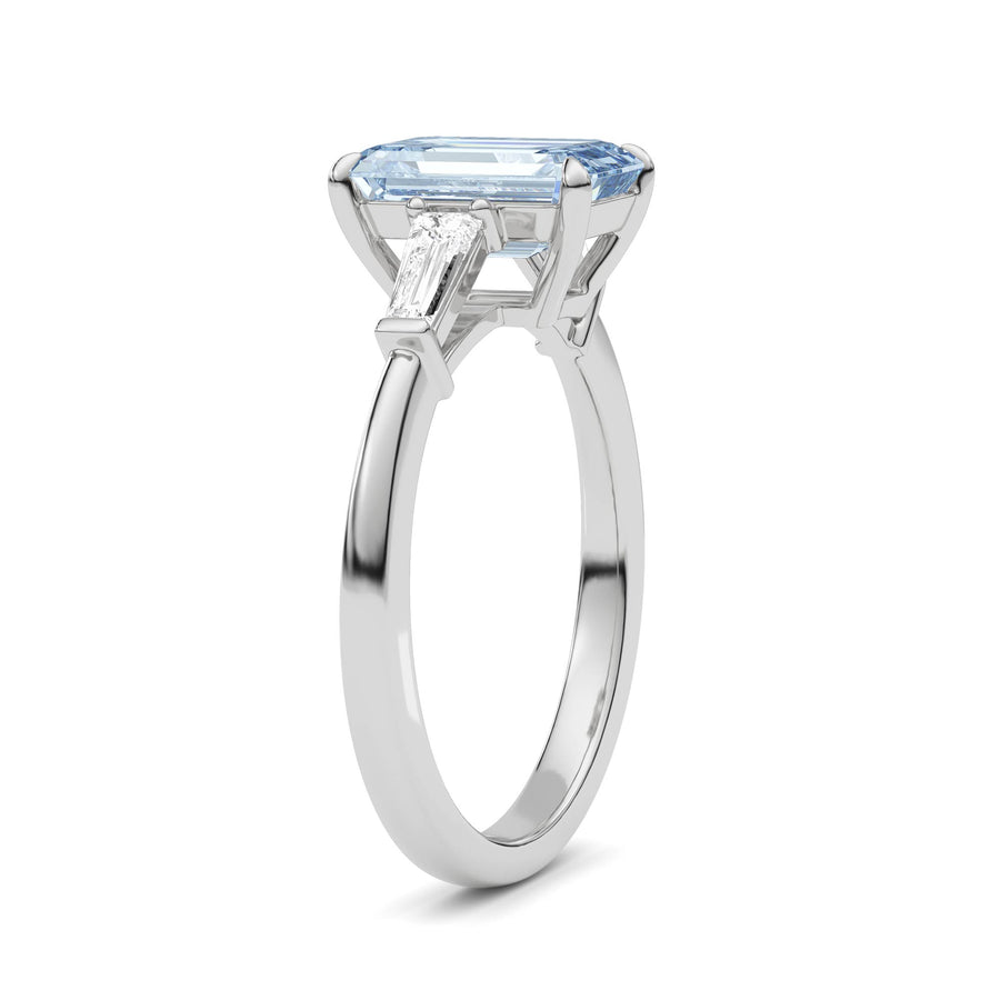 White gold Three-Stone Fancy Blue Emerald Cut Diamond Ring with Tapered Baguette Side Stones