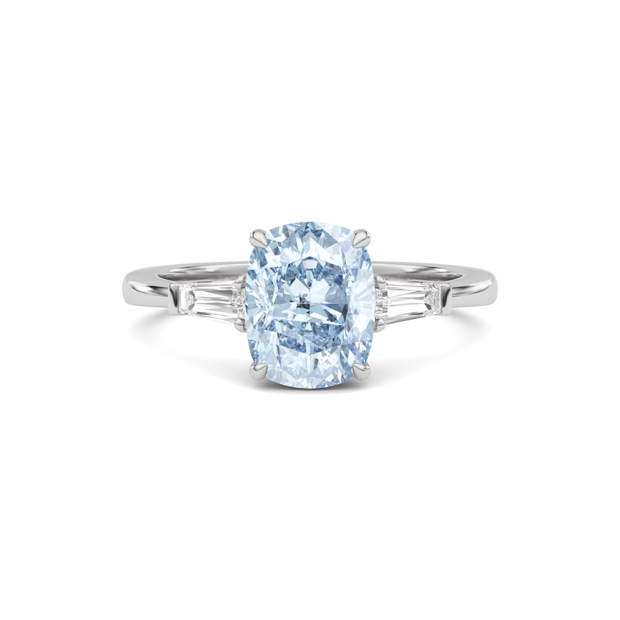 White gold Three-Stone Fancy Blue Cushion Cut Diamond Ring with Tapered Baguette Side Stones